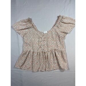 Sienna Sky Floral Peplum Top Women Medium White Orange Flutter Sleeve V-Neck